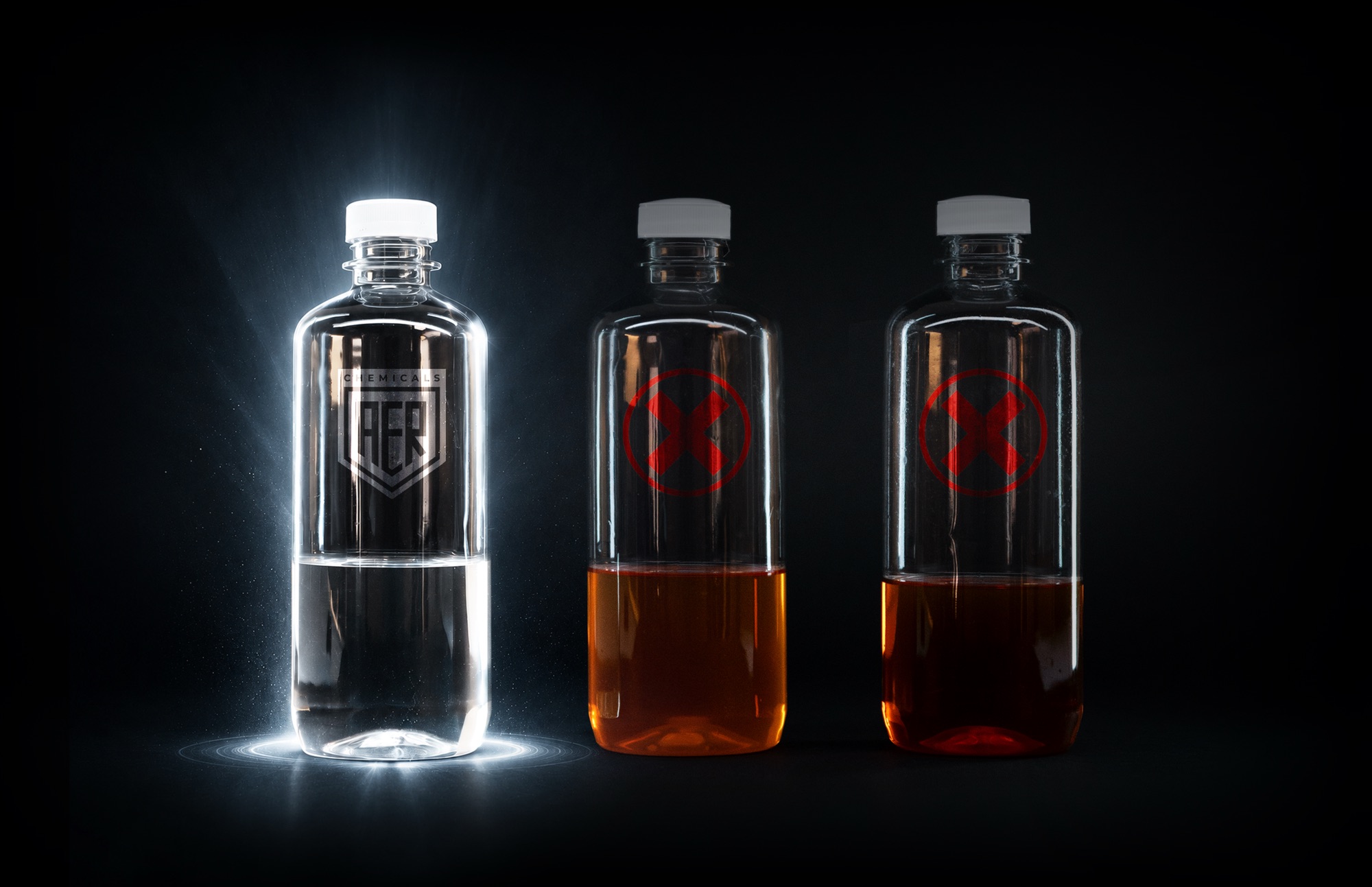 Side-by-side comparison: PRECISION Lube Full Synthetic crystal-clear formula next to two amber, murky mineral oil and crude oil formulas